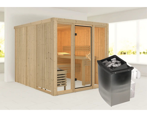 Houten sauna met saunakachel en saunastenen