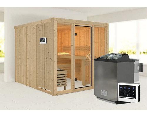 Houten sauna met sauna kachel en digitaal bedieningspaneel