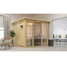 Houten sauna met glazen deuren in een wellnessruimte met zwembad