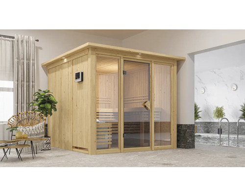 Houten sauna met glazen deuren in een wellnessruimte met zwembad