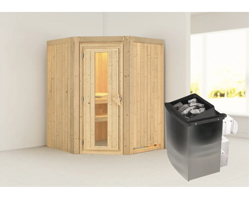 Houten hoeksauna met saunakachel en saunastenen in een kamer.