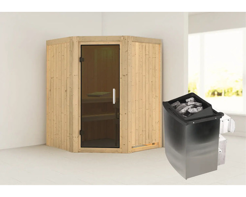 Hoeksauna met glazen deur en saunakachel