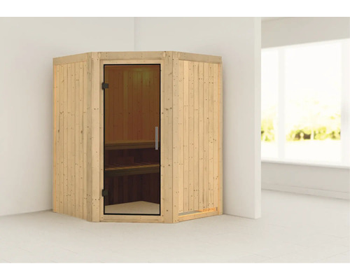 Houten hoeksauna met glazen deur