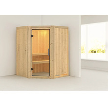 Houten binnensauna met glazen deur en twee banken