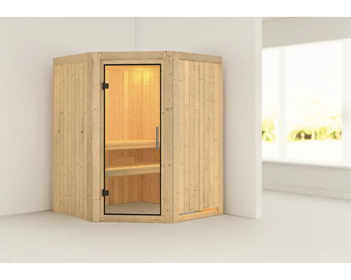 Houten binnensauna met glazen deur en twee banken