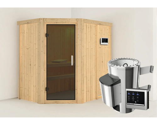 Houten hoeksauna met glazen deur en saunakachel met bediening