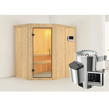 Houten hoeksauna met glazen deur en saunakachel