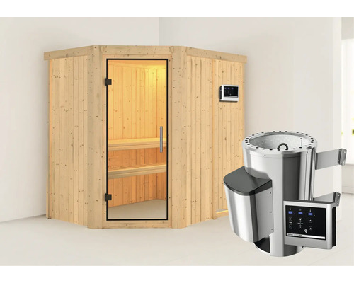 Houten hoeksauna met glazen deur en saunakachel