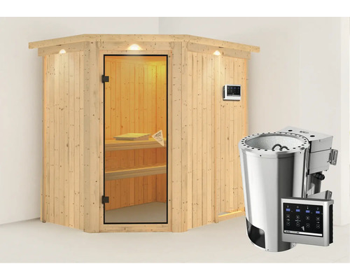 Houten hoeksauna met glazen deur en saunakachel
