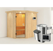 Sauna met glazen deur, houten banken en saunaoven met stenen