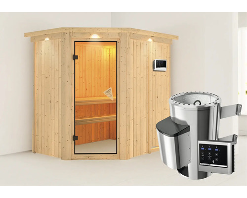 Sauna met glazen deur, houten banken en saunaoven met stenen