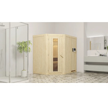 Houten sauna met glazen deur in een badkamer met douche en wastafel