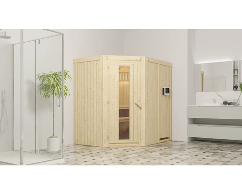Houten sauna met glazen deur in een badkamer met douche en wastafel
