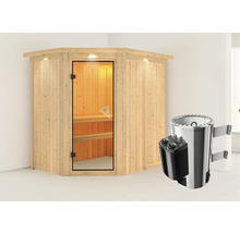 Houten hoeksauna met saunakachel