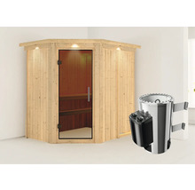 Houten hoeksauna met glazen deur en saunakachel