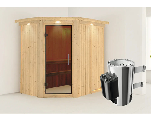 Houten hoeksauna met glazen deur en saunakachel