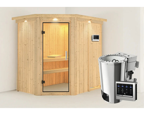 Houten hoeksauna met glazen deur, bedieningselement en saunakachel