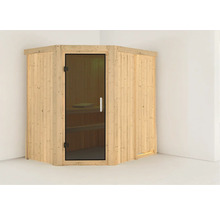 Hoeksauna met glazen deur, gemaakt van hout