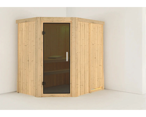 Hoeksauna met glazen deur, gemaakt van hout