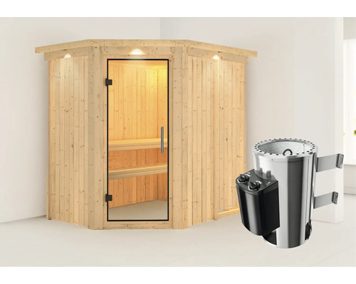 Houten hoeksauna met glazen deur en saunakachel