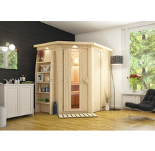 Badkamer met sauna, wastafel en zitgelegenheid