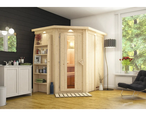 Badkamer met sauna, wastafel en zitgelegenheid