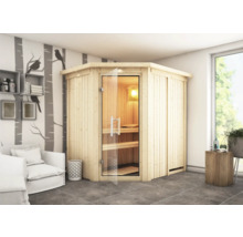 Hoeksauna met glazen deur in een lichte ruimte met decoraties