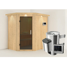 Hoeksauna met glazen deur, bediening en saunakachel