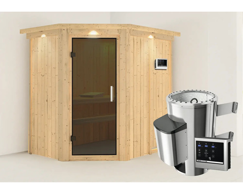 Hoeksauna met glazen deur, bediening en saunakachel