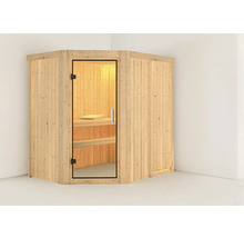 Hoeksauna van hout met glazen deur en banken