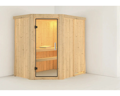Hoeksauna van hout met glazen deur en banken