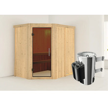 Hoeksauna van hout met glazen deur en saunakachel