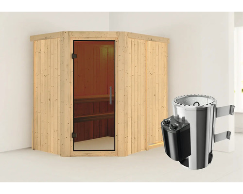 Hoeksauna van hout met glazen deur en saunakachel
