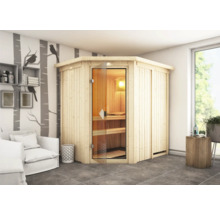 Houten hoeksauna met glazen deur in lichte kamer