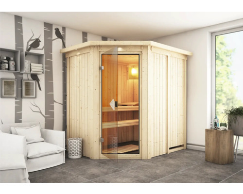 Houten hoeksauna met glazen deur in lichte kamer