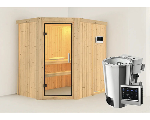 Sauna met glazen deur, bediening en sauna kachel