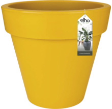 Gele kunststof bloempot met Elho logo en garantie sticker