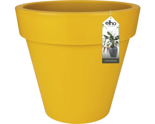 Gele kunststof bloempot met Elho logo en garantie sticker
