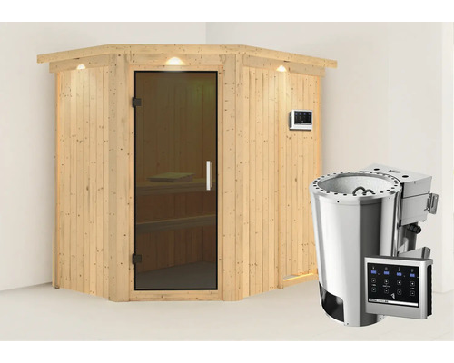 Houten hoeksauna met glazen deur, bedieningspaneel en saunakachel