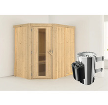 Hoeksauna van hout met glazen deur en saunakachel
