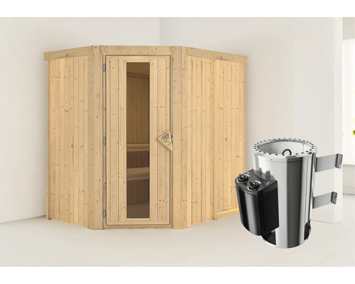 Hoeksauna van hout met glazen deur en saunakachel