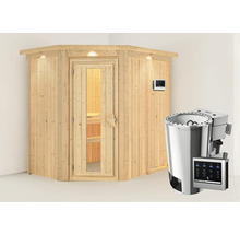 Houten sauna met glazen deur en saunakachel