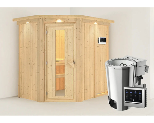 Houten sauna met glazen deur en saunakachel