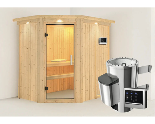 Houten hoeksauna met glazen deur en saunaoven met bediening