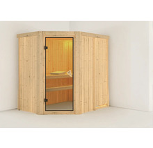Hoeksauna met glazen deur en houten bekleding