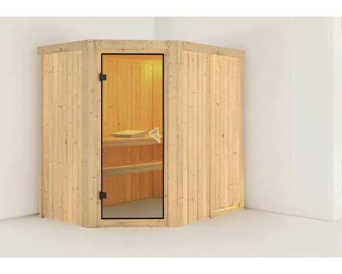 Hoeksauna met glazen deur en houten bekleding