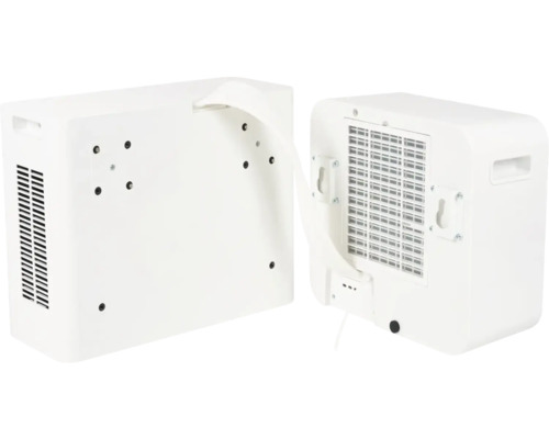 Twee witte luchtontvochtigers van achteren en van opzij.