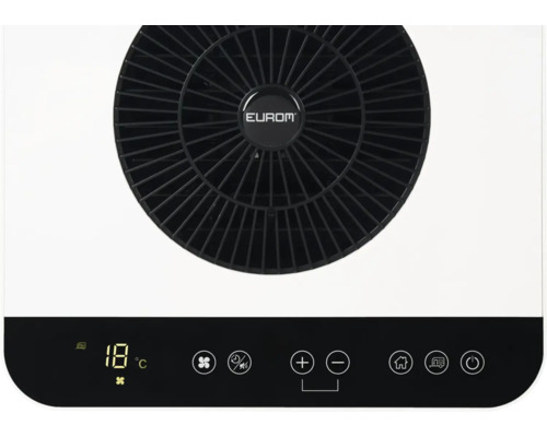 Eurom logo op een luchtzuiveraar met digitaal display en bedieningselementen.