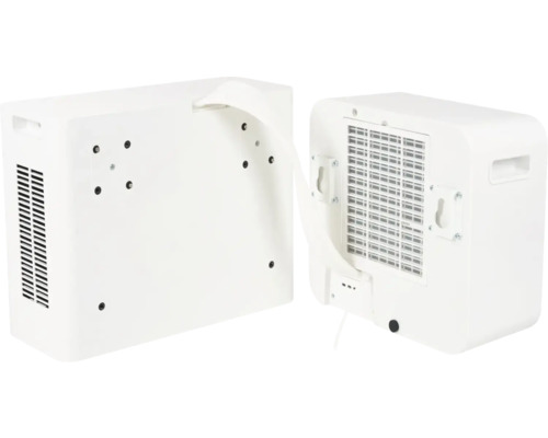 Twee witte luchtontvochtigers die de achterkant en de zijkant laten zien.