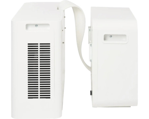 Twee witte mobiele airconditioners met handgreep en ventilatierooster.